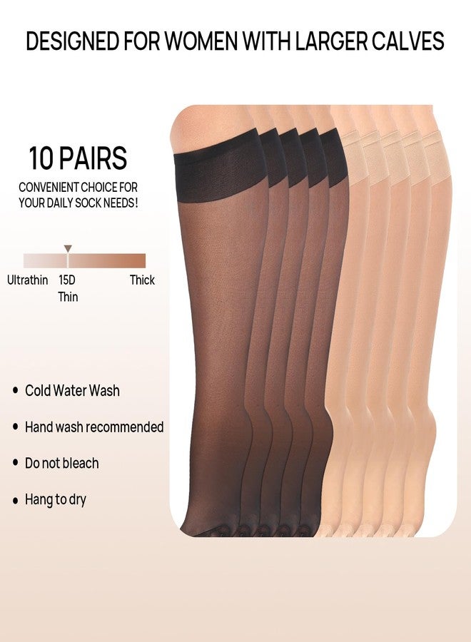 MANZI 10 Pairs Plus Size Knee High Stockings for Women 15D Sheer Nylons Socks with Wide Calf, Natural and Black - Image 2